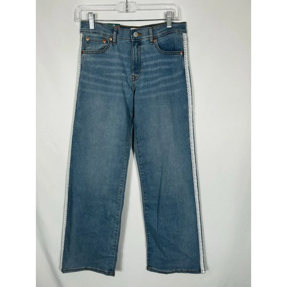 Levi's Wide Leg Jeans Baggy Lace Side Trim Girls 14 Light Wash Comfort Stretch